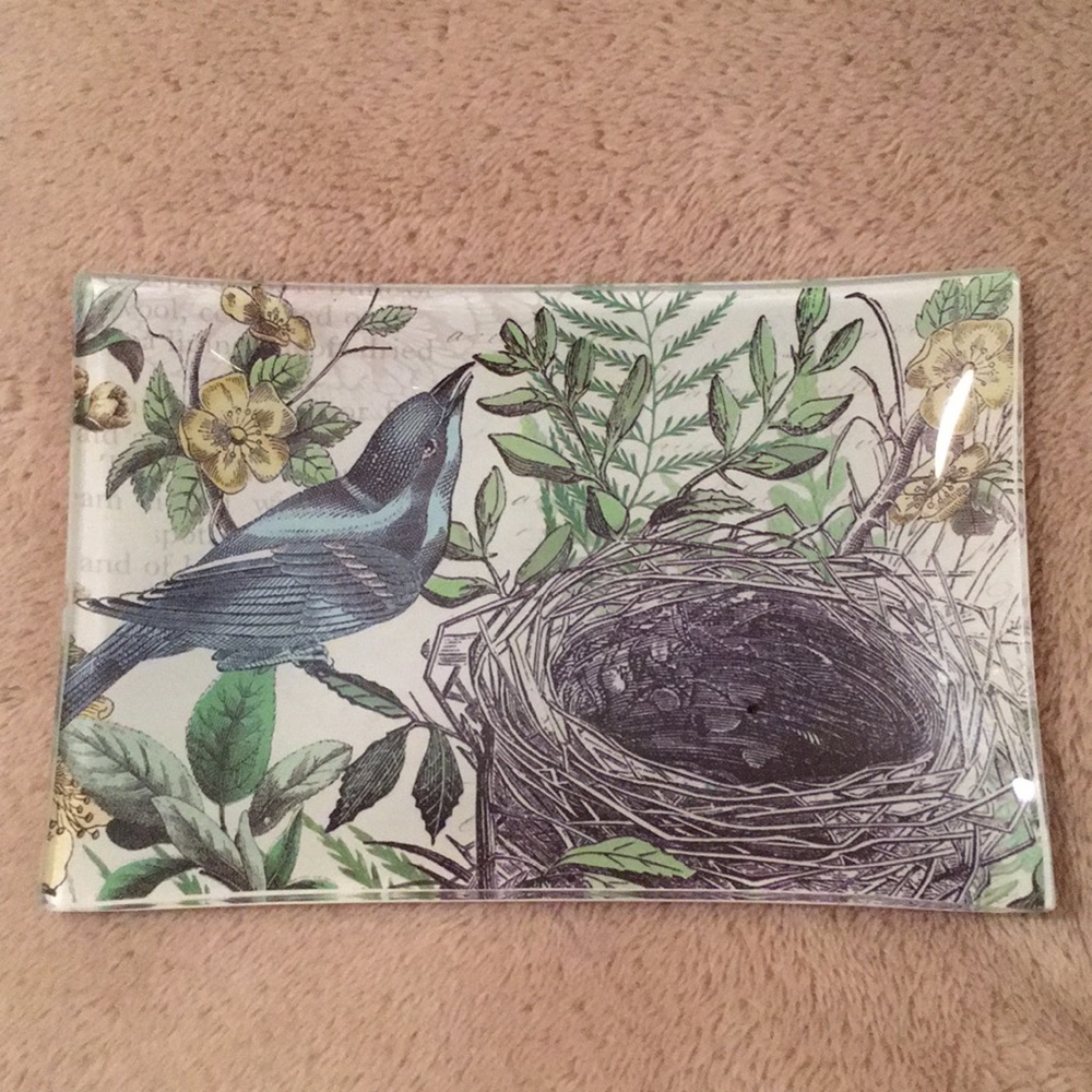 Birds Nest Glass Rectangular Trinket Soap DishNWOT